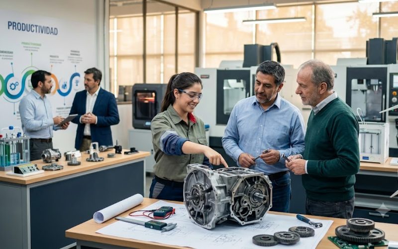 Técnicos y profesionales revisan un motor en un taller de formación técnica