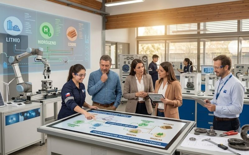 Personas trabajando en un laboratorio técnico con paneles sobre energía, litio e hidrógeno